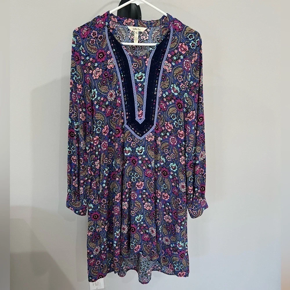 Matilda Jane Thoughts and Dreams blue & pink rayon floral long sleeve dress med